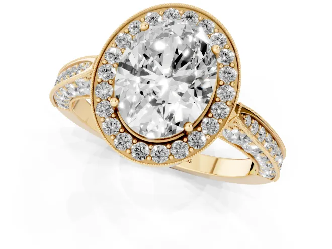 Oval Cut Diamond Halo Engagement Ring Set in Yellow gold with Accent Split Shank Band – second view