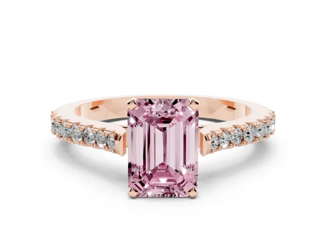 Emerald Cut Pavé Solitaire Engagement Ring Setting for a Fancy Pink Lab-Grown Diamond | Single Row Shoulders | Rose Gold