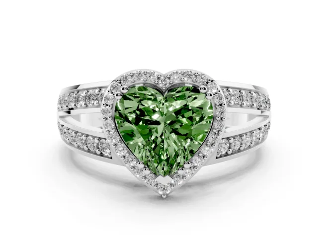 Fancy Green Heart Cut Diamond Halo Ring Set in Silver with Double Pavé Split Shank