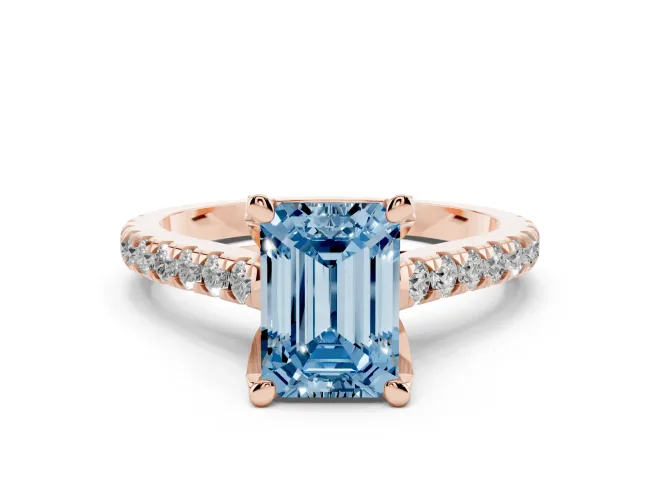 Emerald Cut Hidden Halo Pavé Engagement Ring Setting for a Fancy Blue Lab-Grown Diamond | Claw Prongs | Rose Gold