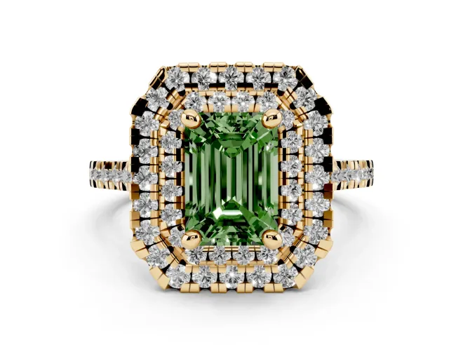 Fancy Green Emerald Cut Diamond Double Halo Statement Ring Set in Yellow gold with Pavé Band