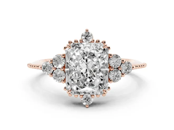 Radiant Cut Vintage Cluster Engagement Ring Setting | Beaded Edges | Rose Gold