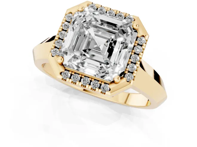 Asscher Cut Diamond Halo Ring Set in Yellow gold with Cathedral Band and Prong Setting – second view