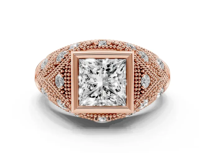 Princess Cut Vintage Bezel Engagement Ring Setting | Beaded Paisley Shoulders | Rose Gold