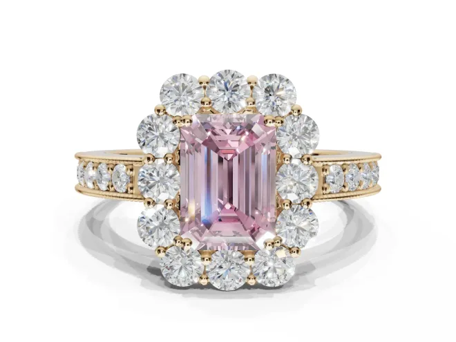 Emerald Cut Vintage Halo Engagement Ring Setting for a Fancy Pink Lab-Grown Diamond | Yellow Gold