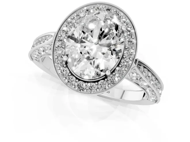 Oval Cut Diamond Halo Engagement Ring Set in White gold with Accent Split Shank Band – second view