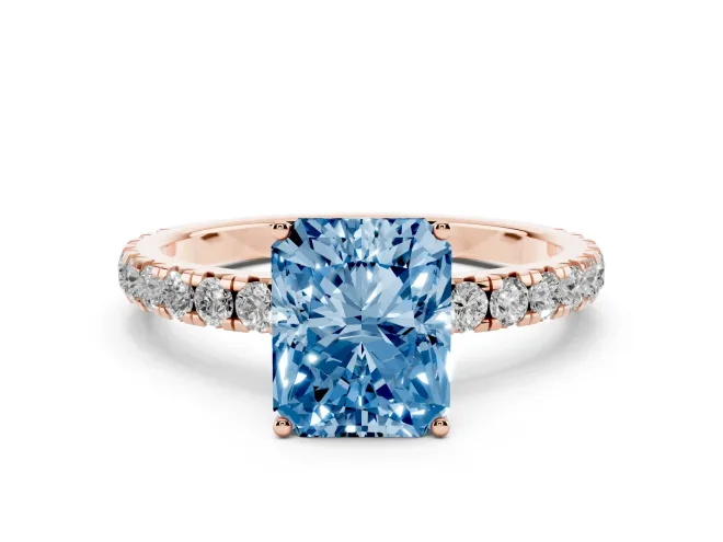 Fancy Blue Radiant Cut Diamond Pavé Solitaire Engagement Ring Set in Rose gold with Prong Setting
