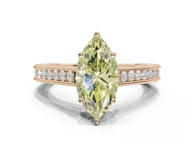 Marquise Vintage Engraved Pavé Engagement Ring Setting for a Fancy Yellow Lab-Grown Diamond | Milgrain Edges | Rose Gold