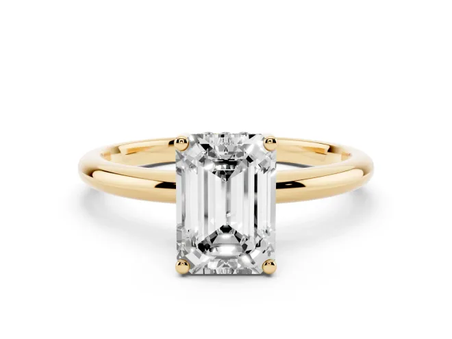 Emerald Cut Diamond Solitaire Engagement Ring Set in Yellow gold with Prong Setting and Polished Band