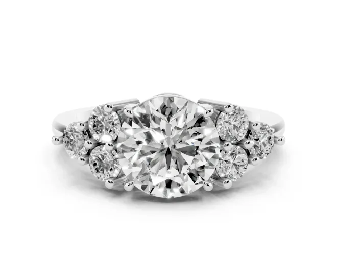 Round Cluster Side Stone Engagement Ring Setting | Plain Band | Sterling Silver