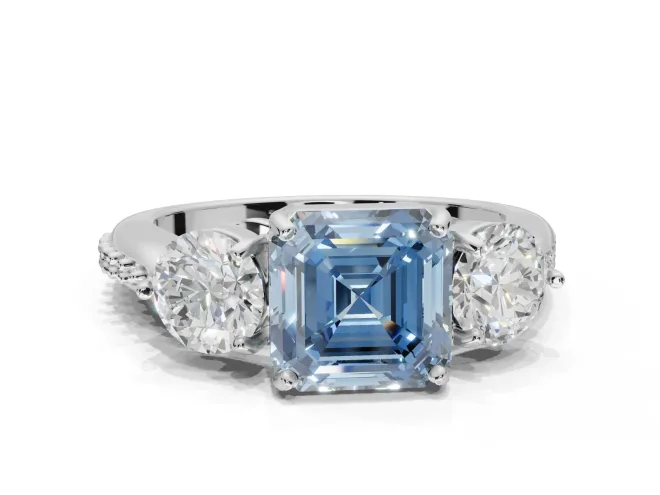 Asscher Cut Three Stone Engagement Ring Setting for a Fancy Blue Lab-Grown Diamond | Tapered Pave Band | Sterling Silver
