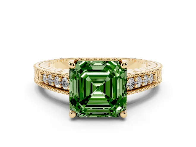 Asscher Cut Engraved Engagement Ring Setting for a Fancy Green Lab-Grown Diamond | Yellow Gold