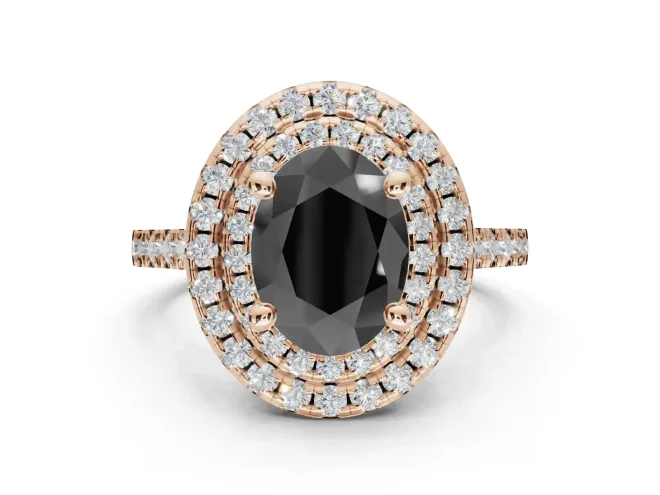 Oval Double Halo Engagement Ring Setting for a Black Center | Pavé Shoulders | Rose Gold