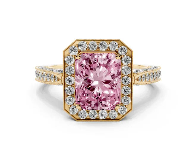 Fancy Pink Radiant Cut Diamond Halo Engagement Ring Set in Yellow gold with Accent Split Shank Band