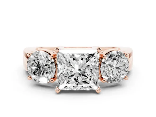 Princess Cut Diamond Three-Stone Ring Set in Rose gold with Round Side Stones and Classic Band
