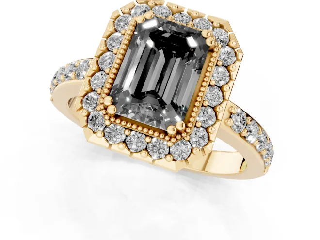 Fancy Black Emerald Cut Diamond Halo Ring Set in Yellow gold with Pavé Shank and Prong Setting – second view