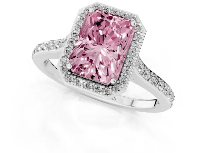 Fancy Pink Radiant Cut Diamond Halo Engagement Ring Set in White gold with Round Pavé Shoulders and Heart Gallery – second view