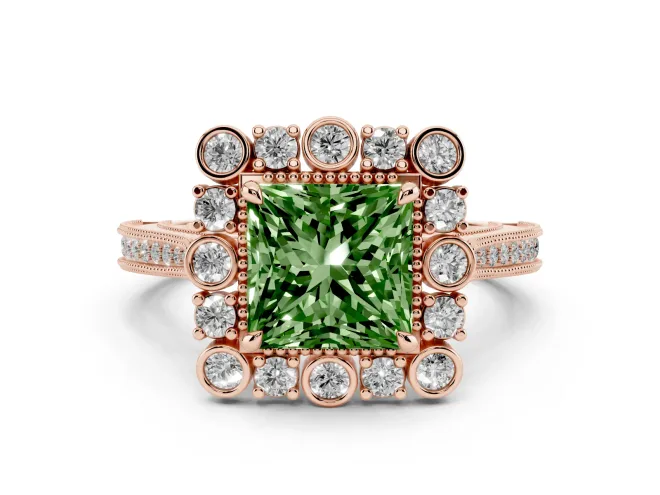 Princess Cut Scalloped Halo Engagement Ring Setting for a Fancy Green Lab-Grown Diamond | Milgrain Edges | Rose Gold