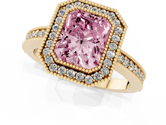 Fancy Pink Radiant Cut Diamond Halo Engagement Ring Set in Yellow gold with Pavé Band and Round Halo Stones – second view