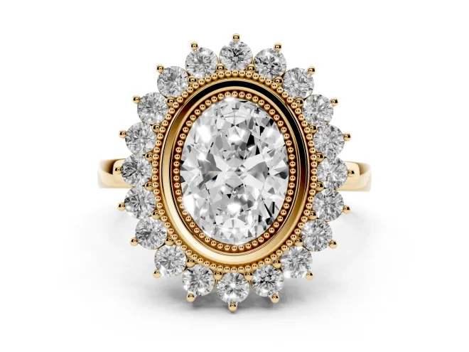 Oval Cut Diamond Halo Ring Set in Yellow gold with Milgrain Edge and Round Prong Setting