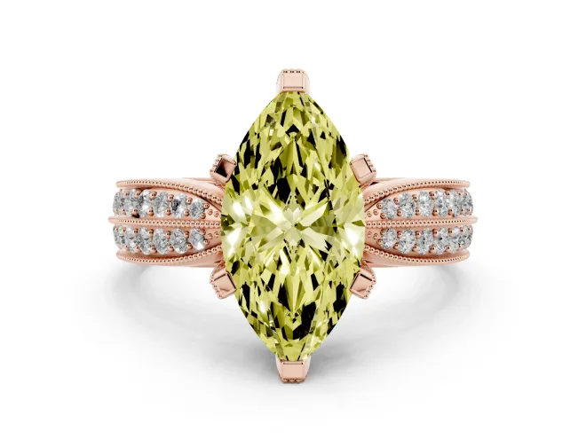 Fancy Yellow Marquise Cut Diamond Solitaire Ring Set in Rose gold with Milgrain Double Row Round Pavé Band