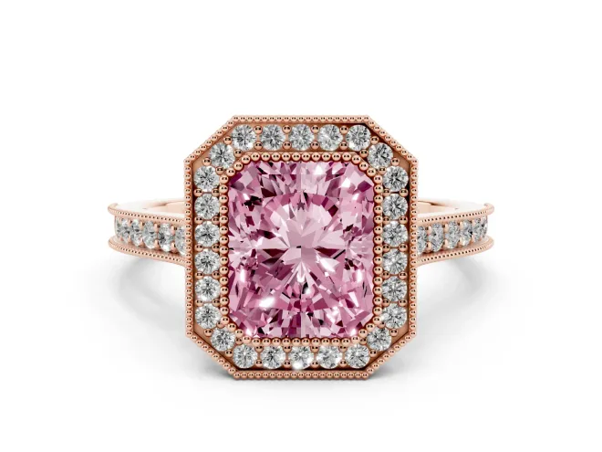 Radiant Cut Vintage Milgrain Halo Engagement Ring Setting for a Fancy Pink Lab-Grown Diamond | Bezel Head | Rose Gold