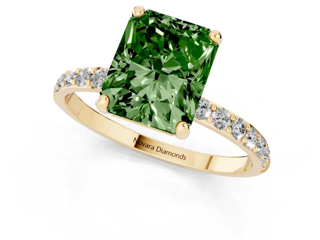 Fancy Green Radiant Cut Diamond Solitaire Ring Set in Yellow gold with Round Pavé Band and Prong Setting – second view