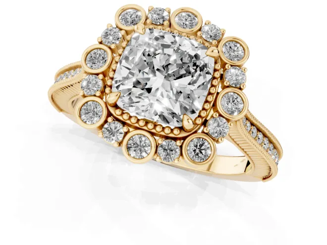 Cushion Cut Diamond Halo Milgrain Pavé Ring Set in Yellow gold with Prong Setting – second view