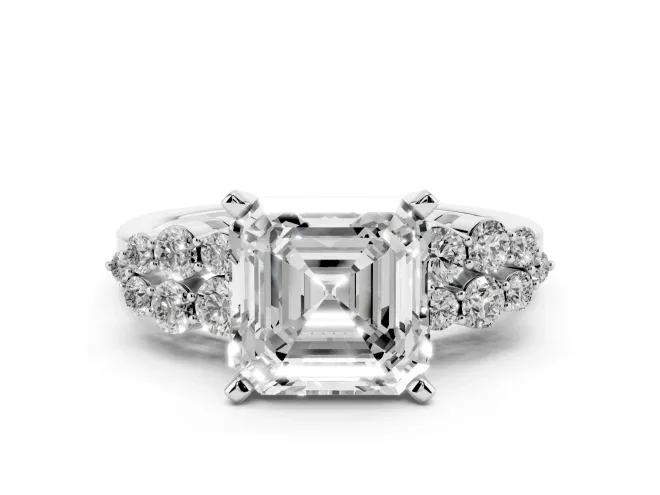 Asscher Cut Side Stone Engagement Ring Setting | Two-Row Shoulder Clusters | White Gold
