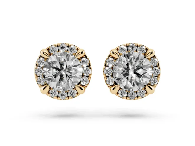 Round Lab-Grown Diamond Pavé Halo Stud Earrings | Accented Head | Yellow Gold