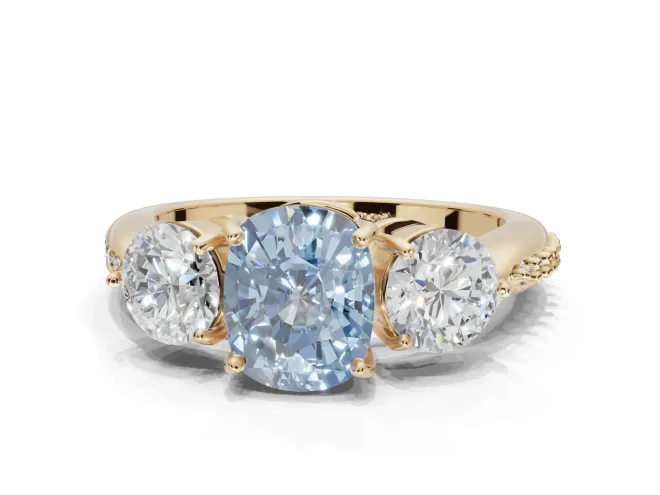 Cushion Cut Three Stone Engagement Ring Setting for a Fancy Blue Lab-Grown Diamond | Tapered Pavé Band | Yellow Gold