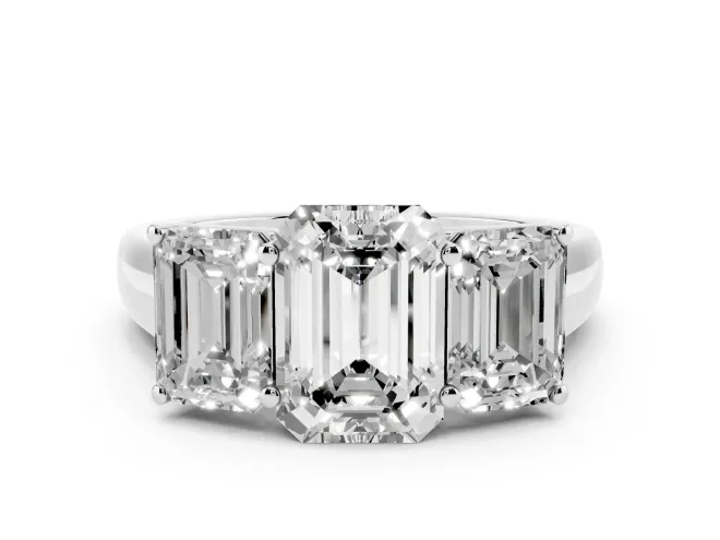 Emerald Cut Diamond Three-Stone Ring Set in White gold with Plain Polished Band