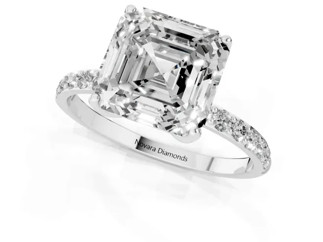 Asscher Cut Diamond Solitaire Engagement Ring Set in Silver with Round Pavé Band and Prong Setting – second view