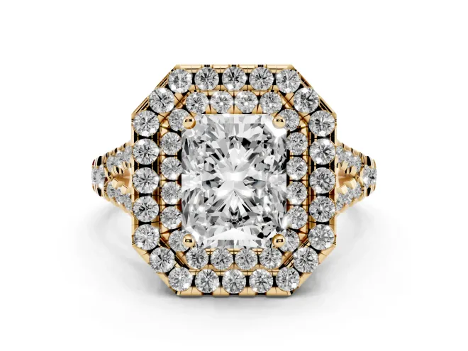 Radiant Cut Diamond Double Halo Ring Set in Yellow gold with Pavé Split Shank and Prong Setting