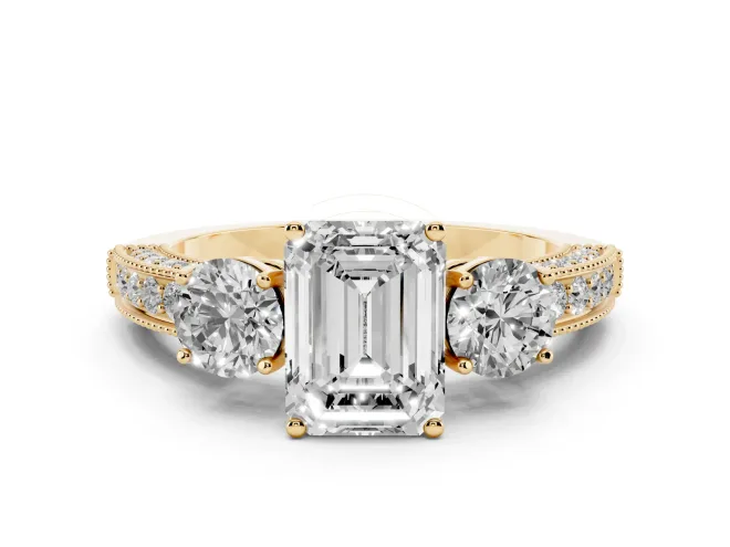 Emerald Cut Diamond Three-Stone Ring Set in Yellow gold with Round Side Stones and Pavé Band