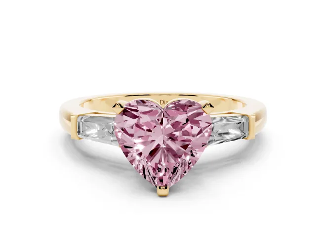 Heart-Shaped Three Stone Engagement Ring Setting for a Fancy Pink Lab-Grown Diamond | Tapered Baguettes | Yellow Gold