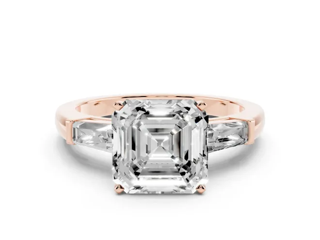 Asscher Cut Three Stone Engagement Ring Setting | Tapered Baguettes | Rose Gold