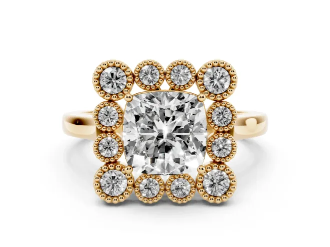 Cushion Cut Diamond Cluster Halo Ring Set in Yellow gold with Milgrain Bezel Accents and Plain Band