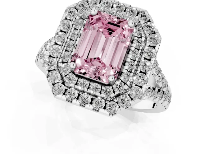 Fancy Pink Emerald Cut Diamond Double Halo Ring Set in Silver with Pavé Split Shank and Prong Setting – second view