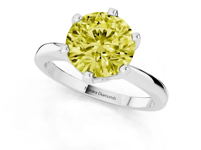 Fancy Yellow Round Cut Diamond Solitaire Engagement Ring Set in Platinum with Slim Tapered Solitaire Band – second view