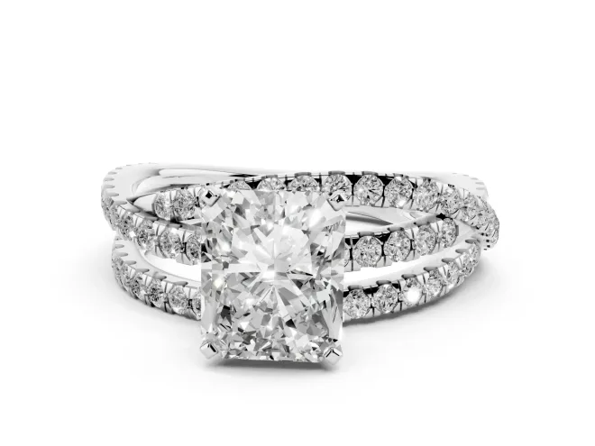 Radiant Cut Diamond Solitaire Twist Band Ring Set in Platinum with Pavé Setting and Prong Head