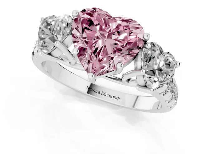 Fancy Pink Heart Cut Diamond Three-Stone Ring Set in White gold with Pavé Band – second view