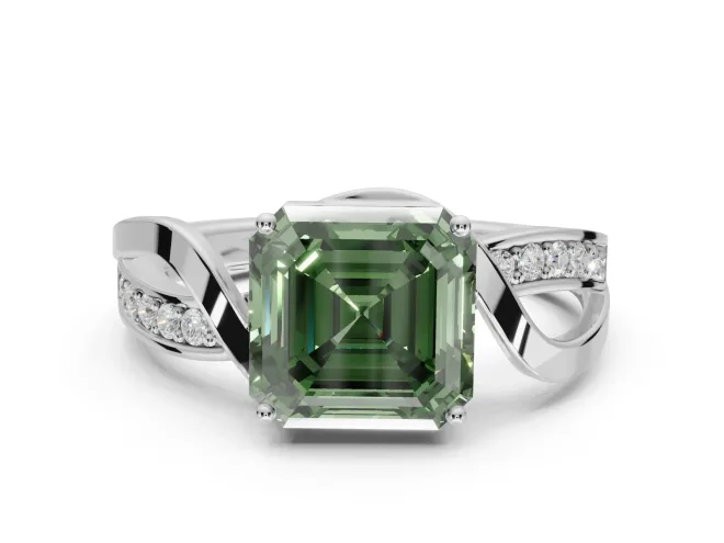 Asscher Cut Bypass Solitaire Engagement Ring Setting for a Fancy Green Lab-Grown Diamond | Pavé Strands | White Gold