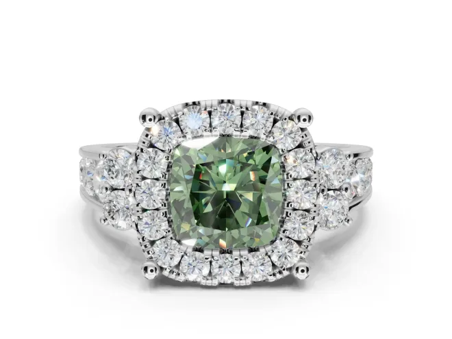 Cushion Cut Halo Engagement Ring Setting for a Fancy Green Lab-Grown Diamond | Graduated Channel Band | White Gold