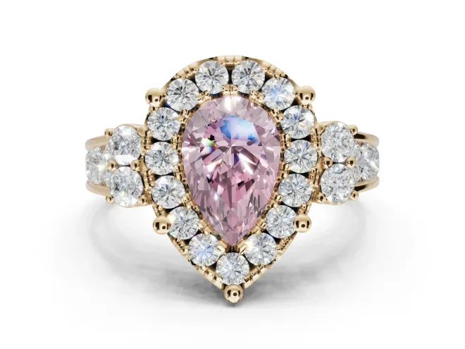 Pear-Shaped Halo Engagement Ring Setting for a Fancy Pink Lab-Grown Diamond | Graduated Channel Band | Yellow Gold