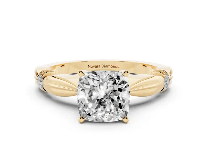 Cushion Cut Diamond Solitaire Twisted Band Ring Set in Yellow gold with Accent Stones and Prong Setting