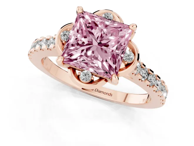 Fancy Pink Princess Cut Diamond Solitaire Ring Set in Rose gold with Pavé Band and Floral Prong Setting – second view