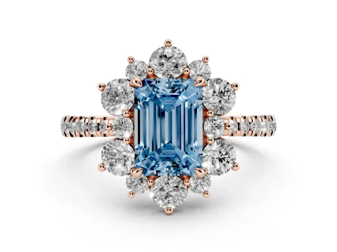 Fancy Blue Emerald Cut Diamond Floral Halo Ring Set in Rose gold with Round Pavé Band and Prong Setting