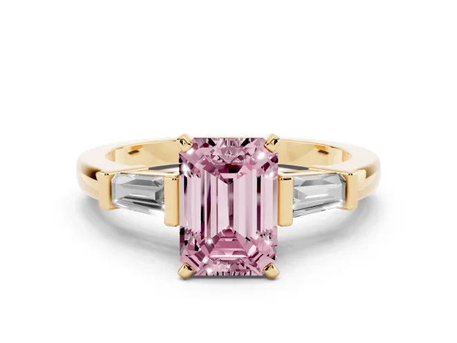 Emerald Cut Three-Stone Engagement Ring Setting for a Fancy Pink Lab-Grown Diamond | Tapered Baguettes | Yellow Gold