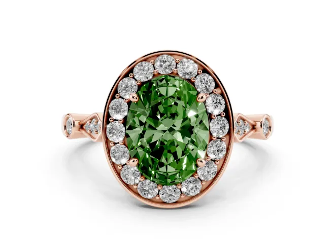 Oval Halo Engagement Ring Setting for a Fancy Green Lab-Grown Diamond | Bezel Stations | Rose Gold